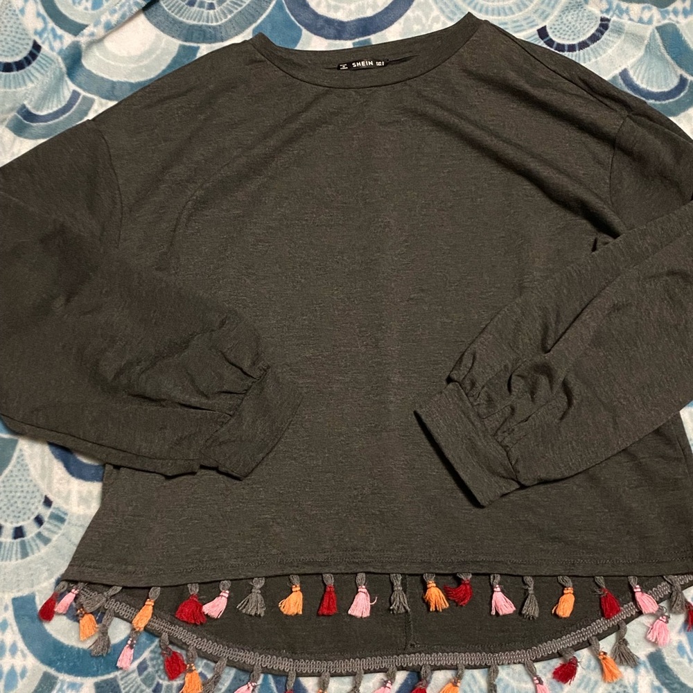 S Shein gray sweater with tassels at the bottom
